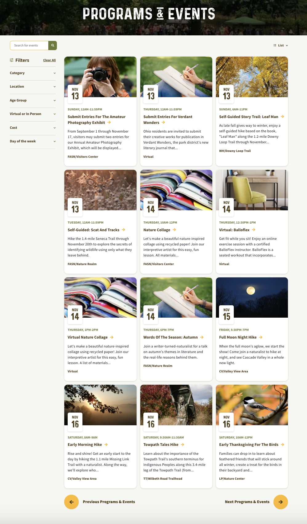 The main events page on the Summit Metro Parks website.